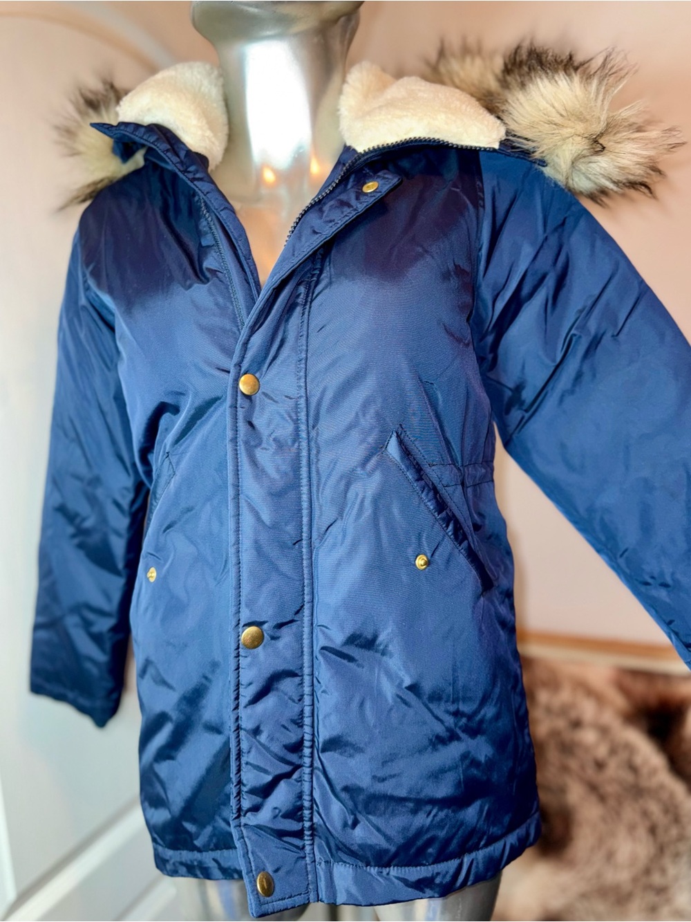 J. Crew Navy Blue Faux Fur Trim Hooded Kids Jacket